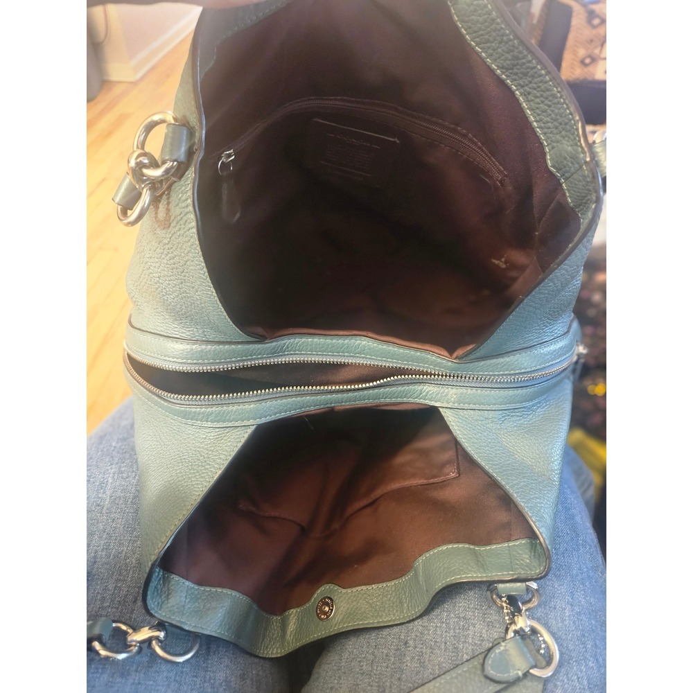 Coach Pebbled Leather Hobo Bag Teal Blue Shoulder Bag Triple Compartment - Picture 11 of 13
